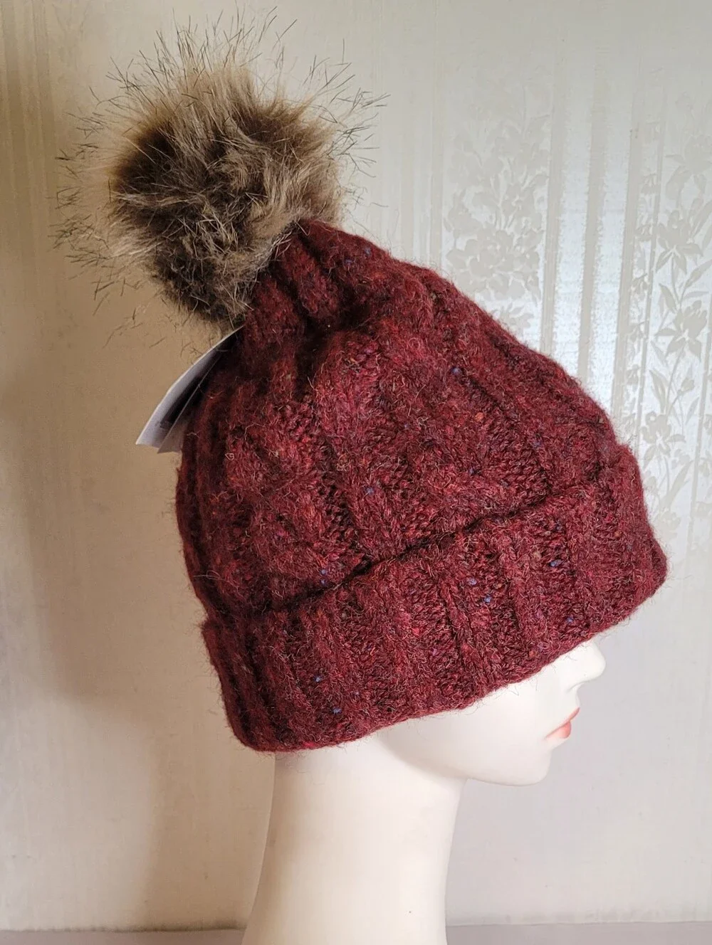 Dark Red Cable Knit Pom-Pom Beanie